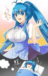  :d apron artist_request bed blue_eyes blue_hair breast_conscious breasts dreaming imaichi_moenai_ko kobe_shinbun koubeya_uniform large_breasts long_hair open_mouth plaid plaid_apron smile translated waitress 