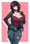  1girl \n/ absurdres ass_visible_through_thighs belt belt_collar black_belt black_eyeliner black_gloves black_hair black_jacket black_nails blue_pants border breasts chain cleavage collar commentary commission denim ear_piercing english_commentary eyeliner feet_out_of_frame fingerless_gloves gloves hand_on_own_chest hand_on_own_hip highres jacket jeans large_breasts leather leather_jacket light_smile long_sleeves looking_at_viewer makeup medium_hair multicolored_hair nail_polish nokaa_aru open_clothes open_jacket original outside_border pants parted_lips piercing pink_background red_hair red_shirt red_streaks shirt solo standing thigh_gap torn_clothes torn_pants twitter_username two-tone_hair very_long_fingernails white_border yellow_eyes 
