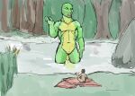 2012 ambiguous_gender anthro bottomwear brown_hair cattails clothing colored duo eye_contact forest forest_background genitals green_body green_skin guide_lines hair human jeri_kleinlowe looking_at_another macro macro_anthro male mammal micro micro_human nature nature_background navel nude nude_female open_mouth pale_skin partially_submerged plant river rock shocked shorts sitting species_request tree vulva