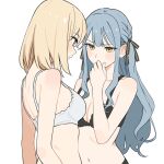  2girls absurdres add_leir bang_dream! bang_dream!_it&#039;s_mygo!!!!! black_bra black_ribbon blonde_hair blue_hair blush bra breasts chinese_commentary cleavage commentary_request hair_ribbon highres long_hair looking_at_another medium_breasts medium_hair misumi_uika multiple_girls navel purple_eyes ribbon small_breasts togawa_sakiko two_side_up underwear underwear_only white_bra yellow_eyes yuri 