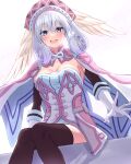  1girl :d absurdres blue_dress blue_eyes breasts brown_thighhighs commentary_request copyright_name dated dress feathered_wings feet_out_of_frame gloves grey_hair hair_between_eyes hat highres knees_together_feet_apart long_hair looking_at_viewer medium_breasts melia_antiqua shinae sitting smile solo thighhighs white_background white_gloves white_wings wings xenoblade_chronicles_(series) xenoblade_chronicles_1 