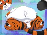 2020 4:3 anthro artist_logo balls belly belly_lift belly_squish big_balls big_belly big_moobs black_markings black_pawpads blue_background blush blush_lines buried_penis chubby_cheeks cutaway disembodied_hand double_chin duo embarrassed expression_cutaway fangs fat_legs feet felid fupa fur genitals glans green_eyes hand_on_belly hindpaw huge_belly logo love_handles lying male mammal markings moobs morbidly_obese morbidly_obese_anthro morbidly_obese_male multicolored_body multicolored_fur obese obese_anthro obese_male on_back orange_body orange_fur overweight overweight_anthro overweight_male pantherine pawpads paws penis simple_background solo_focus squeeeshie squish striped_body striped_fur striped_markings striped_tail stripes tail tail_markings tawnyscrawnyleo teeth textured_background thick_thighs tiger white_body white_fur