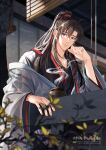  1boy against_railing ahoge alternate_costume artist_name bishounen black_hair black_hanfu blurry blurry_foreground branch brown_hair chinese_clothes chromatic_aberration closed_mouth coat coat_partially_removed depth_of_field english_commentary folding_screen grey_eyes hair_ribbon hand_up hanfu head_rest high_ponytail highres implied_yaoi incense_burner leaf long_hair long_sleeves looking_at_viewer male_focus minataka94 modao_zushi off_shoulder open_clothes open_coat plant ponytail railing red_ribbon ribbon robe sidelocks sitting smile smoke solo upper_body watermark wei_wuxian white_coat wide_sleeves window_blinds 