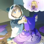  2girls absurdres animal_hood blonde_hair blush brown_hair chibi closed_eyes commentary_request dress drill_hair fabric gloves heanna_sumire highres holding holding_unworn_clothes holding_unworn_dress hood long_hair long_sleeves love_live! love_live!_superstar!! medium_hair multicolored_hair multiple_girls nonfiction!!_(love_live!) official_alternate_costume open_mouth panda_hood pink_hair purple_dress purple_gloves scissors shirt sitting smile sparkle speech_bubble streaked_hair tang_keke thought_bubble tiara unworn_dress white_shirt wz_(52889) 