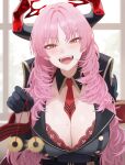  1girl absurdres black_dress blue_archive blush bra breasts cleavage commentary dress fangs halo highres holding holding_pendulum horns huge_breasts junmin long_hair looking_at_viewer mole mole_on_breast motion_blur necktie open_mouth orange_eyes pendulum pink_hair red_bra red_halo red_horns red_necktie red_wrist_cuffs satsuki_(blue_archive) smile solo teeth underwear wrist_cuffs 