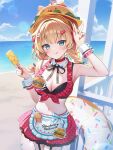 1girl :q akai_haato akai_haato_(7th_costume) apron artist_name beach bikini black_bikini black_ribbon blonde_hair blue_eyes blue_sky blush braid breasts choker cleavage cloud commentary cowboy_shot day detached_collar food food-themed_hair_ornament garter_straps hair_ornament hair_ribbon hamburger_hat highres holding holding_food holding_popsicle hololive innertube large_breasts layered_bikini lens_flare long_hair looking_at_viewer low_twin_braids midriff momoshiki_tsubaki nail_polish name_tag navel ocean official_alternate_costume official_alternate_hairstyle outdoors polka_dot polka_dot_bikini polka_dot_skirt popsicle red_bikini red_choker red_nails red_ribbon red_skirt ribbon shore skirt sky solo standing swim_ring swimsuit tongue tongue_out twin_braids very_long_fingernails virtual_youtuber w waist_apron waitress white_apron white_wrist_cuffs wrist_cuffs 