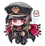  1girl black_jacket black_pantyhose black_skirt black_survival breasts brown_hair estelle_(black_survival) eternal_return:_black_survival grey_shirt hair_between_eyes highres jacket large_breasts medium_hair military_uniform miniskirt necktie pantyhose red_eyes red_necktie shirt simple_background skirt solo thighs yanggaengwang yellow_background 
