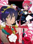  2girls amate_yuzuriha black_jacket blue_hair cosplay dress flower gundam gundam_gquuuuuux himemiya_anthy himemiya_anthy_(cosplay) jacket multiple_girls nyaan_(gundam_gquuuuuux) red_dress red_hair red_shorts shiorimii shorts shoujo_kakumei_utena sketch tenjou_utena tenjou_utena_(cosplay) twitter_username watermark white_background white_flower 
