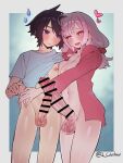  1boy 1girl bar_censor black_hair blush breasts censored clothes_lift erection futa_with_male futanari heart highres huge_penis jacket large_testicles long_hair medium_breasts mirin_chikuwa navel nipples open_clothes open_jacket open_mouth original penis penis_size_difference pink_hair purple_eyes red_eyes red_jacket shirt_lift smile testicles 