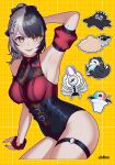  1girl absurdres adapted_costume arm_support arm_up armpits black_hair black_leotard black_nails breasts grey_hair hazel_(hzlform) highres hololive hololive_english leotard looking_at_viewer multicolored_hair multicolored_leotard novelites_(shiori_novella) o-ring o-ring_thigh_strap open_mouth red_leotard shiori_novella shiori_novella_(casual) split-color_hair thigh_strap two-tone_hair two-tone_leotard virtual_youtuber yellow_eyes yorick_(shiori_novella) 