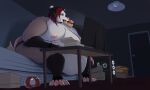 american_opossum anthro bed belly belly_overhang big_belly big_butt black_body black_fur bodily_fluids butt claws clothed clothing computer computer_monitor computer_mouse computer_tower container debudragon dessert double_chin doughnut doughnut_box eating electronics english_text food food_in_mouth fur furniture grey_body grey_fur hair headgear headphones headset hi_res holding_doughnut holding_food holding_object huge_belly inside low-angle_view male mammal marsupial moobs morbidly_obese morbidly_obese_anthro morbidly_obese_male nipples obese obese_anthro obese_male on_bed overweight overweight_anthro overweight_male pastry pizza_box red_hair sitting sitting_on_bed solo stretch_marks sweat table text toe_claws topless virginia_opossum white_body white_fur wide_hips