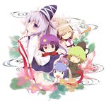  :3 =_= akinoemo blue_eyes blue_hair brown_hair dress earmuffs flower ghost_tail green_dress green_hair hair_ornament hair_rings hair_stick hat japanese_clothes jewelry jiangshi kaku_seiga kariginu long_sleeves miyako_yoshika mononobe_no_futo multiple_girls ofuda open_mouth outstretched_arms ponytail ritual_baton shawl short_hair short_sleeves silver_hair skirt sleeveless smile soga_no_tojiko star tate_eboshi touhou toyosatomimi_no_miko vest wide_sleeves 