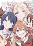  3girls :d ;d \||/ aqua_eyes blonde_hair blue_eyes blue_hair blue_ribbon blush brown_cardigan brown_dress cardigan closed_mouth commentary_request crossed_bangs dress flower gradient_hair grin hair_flower hair_ornament hair_ribbon half_updo hasu_no_sora_school_uniform highres hinoshita_kaho link!_like!_love_live! long_hair long_sleeves looking_at_viewer love_live! medium_hair mole mole_on_neck multicolored_hair multiple_girls murano_sayaka neckerchief one_eye_closed open_cardigan open_clothes open_mouth orange_hair osawa_rurino parted_bangs pink_flower rabbit_hair_ornament red_neckerchief red_ribbon revision ribbon sailor_collar sailor_dress saito_shiorii school_uniform smile split_mouth teeth twintails two_side_up upper_teeth_only v v_over_head virtual_youtuber white_sailor_collar winter_uniform 