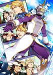  barnaby_brooks_jr blonde_hair blue_eyes blue_jacket bomber_jacket boots brown_eyes brown_hair epaulettes glasses green_eyes helmet jacket jetpack kaburagi_t_kotetsu multiple_boys pegasus power_suit sky_high superhero tiger_&amp;_bunny waving zihad 