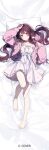  1girl arm_up azki_(7th_costume)_(hololive) azki_(hololive) barefoot bed_sheet black_hair cable_knit cardigan center-flap_bangs collar colored_inner_hair commentary_request copyright_notice cross-laced_clothes cross-laced_sleeves dress fffafa_daifuku frilled_dress frills full_body hair_ornament hand_on_own_head hand_up hololive knee_up long_hair looking_at_viewer low_twintails lying multicolored_hair off-shoulder_dress off_shoulder official_alternate_costume official_alternate_hairstyle official_art pink_cardigan pink_collar pink_hair purple_eyes short_dress streaked_hair twintails virtual_youtuber white_dress x_hair_ornament 