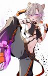  1girl absurdres black_nails black_pants blonde_hair candy collar commentary cosplay facial_mark fang fingerless_gloves food gloves hair_horns hair_ornament hairclip han_juri han_juri_(cosplay) highres holding holding_candy holding_food holding_lollipop komori_met lollipop looking_at_viewer navel open_mouth orange_eyes pants piyoyanagi solo spiked_collar spikes standing standing_on_one_leg street_fighter virtual_youtuber vspo! white_background 