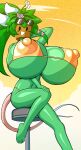 angstrom big_breasts bikini blaster_master blush blush_stickers breasts clothing elemental_creature elemental_humanoid female flower furniture green_body hi_res huge_breasts humanoid kanna_(blaster_master) looking_at_viewer navel nipple_outline not_furry open_mouth plant sitting solo stool swimwear two-piece_swimsuit