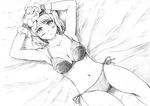  alice_margatroid blush bra breasts greyscale large_breasts looking_at_viewer lying monochrome on_back panties short_hair side-tie_panties solo touhou traditional_media underwear underwear_only vent_arbre wrist_cuffs 