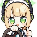  1girl :d animal_ear_headphones animal_ears animated animated_gif apron aqua_bow aqua_bowtie black_dress blonde_hair blue_archive blunt_bangs blunt_ends blush_stickers bow bowtie cat_ear_headphones cat_ears chibi chunye_haruya collared_dress commission contrast_collar disembodied_hand dot_nose dress driving fake_animal_ears green_eyes green_halo halo headphones looking_at_viewer looping_animation lowres maid maid_apron maid_headdress midori_(blue_archive) midori_(maid)_(blue_archive) missing_commentary official_alternate_costume official_alternate_hairstyle open_mouth ponytail second-party_source short_hair sidelocks simple_background smile solo steering_wheel thumbs_up transparent_background upper_body white_apron white_headdress 