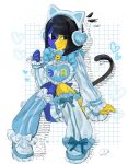  1girl black_eyes black_hair blue_skin blunt_bangs colored_skin commentary ena_(ena) ena_(series) ena_(species) happy_ena highres hourglass_dog low_poly multicolored_skin smile solo split-color_skin symbol-only_commentary tenshi_kaiwai two-tone_skin usagimarumei yellow_skin 