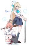  2girls :o absurdres ahoge baseball_bat black_socks blonde_hair blue_archive blue_bow blue_eyes blue_skirt bow braid brown_shoes closed_mouth clothes_around_waist grey_jacket grey_socks hair_between_eyes highres holding holding_baseball_bat huge_ahoge jacket jacket_around_waist kneehighs koyuuuuuuuuuuu looking_at_viewer multiple_girls neru_(blue_archive) neru_(school_uniform)_(blue_archive) official_alternate_costume official_alternate_hairstyle on_one_knee red_eyes red_hair red_shoes shirt shoes single_braid skirt sleeves_rolled_up smile socks toki_(blue_archive) toki_(school_uniform)_(blue_archive) white_shirt 