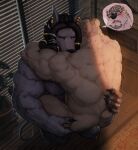 anthro anthro_on_anthro barazoku black_hair black_nose blush bodily_fluids canid canine cum cum_on_penis dreadlocks duo dust_yang ear_piercing ear_ring erection fur genital_fluids genitals green_eyes grey_body grey_fur grey_penis hair hi_res holding_another humanoid_genitalia humanoid_penis inside male male/male mammal muscular muscular_anthro muscular_male narrowed_eyes nude open_mouth penis piercing ring_piercing standing white_body white_fur yellow_eyes