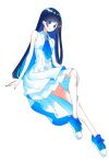  1girl absurdres black_hair blue_eyes blue_nails blue_ribbon blue_shoes brooch buttons cevio collared_dress colored_inner_hair cross-laced_clothes cross-laced_dress dress embroidery full_body futaba_minato gradient_neck_ribbon hair_ornament hairclip highres invisible_chair jewelry koweraki lace_trim layered_dress long_hair looking_at_viewer multicolored_hair nail_polish ribbon shoes simple_background single_sidelock sitting sleeveless sleeveless_dress sneakers solo swept_bangs two-sided_fabric white_background white_dress 
