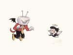  2boys angel_and_devil angel_wings ant_tenna black_hair black_jacket black_pants black_wings commentary_request crt deltarune demon_wings halo heterochromatic_eyewear jacket male_focus multiple_boys necktie object_head open_mouth pants pink-tinted_eyewear pointy_nose rechain red_jacket shoes short_hair signature smile spamton_g._spamton tinted_eyewear white_wings wings yellow-tinted_eyewear yellow_necktie yellow_shoes 