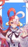  1girl black_ribbon blue_sky clenched_teeth commentary_request dress hair_over_one_eye headphones highres looking_at_viewer neck_ribbon one_eye_closed one_piece one_piece_film:_red red_hair ribbon sky smile solo sub_lemolemon teeth twintails upper_body uta_(one_piece) white_dress white_hair 