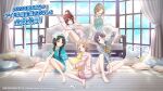 animal_print asakura_toru blue_eyes brown_hair couch curly_hair curtains dress glasses green_dress grey_shorts highres ichikawa_hinana idolmaster idolmaster_shiny_colors indoors mitsumine_yuika multiple_girls official_art osaki_amana pillow sakuragi_mano short_hair shorts sleepwear third-party_edit third-party_source third-party_watermark tiger_print 