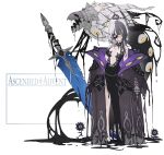  1girl absurdres black_coat black_dress black_hair breasts closed_mouth coat dress feather_sword grey_hair highres hololive hololive_english igonnaswing large_breasts long_coat multicolored_hair one_eye_covered shiori_novella slime_(creature) smile solo split-color_hair two-tone_hair virtual_youtuber white_hair 