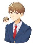  1boy :d ^_^ blazer blue_jacket brown_eyes brown_hair chibi chibi_inset closed_eyes collared_shirt commentary futsuu_no_keion-bu happy_aura head_only highres jacket lapels male_focus multiple_views necktie notched_lapels red_necktie school_uniform shirt short_hair simple_background smile symbol-only_commentary takami_kouki ueo_tt upper_body white_background white_shirt wing_collar winter_uniform 