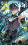  1boy 1other aqua_eyes aqua_horns black_gloves black_hair black_pants byuey cleavage_cutout closed_mouth clothing_cutout cowboy_shot dan_heng_(honkai:_star_rail) dan_heng_(imbibitor_lunae)_(honkai:_star_rail) dragon dragon_boy dragon_horns earrings eastern_dragon_horns eyeliner fingerless_gloves gloves hair_between_eyes highres honkai:_star_rail honkai_(series) horns jacket jewelry long_hair looking_at_another makeup male_focus mandarin_collar official_alternate_costume official_alternate_hair_length official_alternate_hairstyle open_clothes open_jacket pants pectoral_cleavage pectorals pointy_ears red_eyeliner shirt single_bare_shoulder very_long_hair watermark weibo_username weibo_watermark white_jacket white_shirt wide_sleeves 