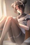  1girl agent_(girls&#039;_frontline) alternate_costume asymmetrical_bangs black_hair black_pantyhose black_shorts book chinese_commentary closed_mouth commentary_request commission double_bun elmo_dormitory_outfit girls&#039;_frontline girls&#039;_frontline_2:_exilium hair_bun highres indoors looking_at_viewer medium_hair pantyhose pixiv_commission shorts sitting smile solo yellow_eyes zhishi_ge_fangzhang 