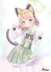  1girl absurdres alternate_costume animal_ear_headphones animal_ears artist_name black_tail blonde_hair blue_archive blunt_bangs blush bow bowtie buttons cat_ear_headphones cat_ears cat_tail center_frills clenched_hands closed_mouth commentary_request cowboy_shot cross-laced_clothes cross-laced_skirt fake_animal_ears fake_tail frilled_sailor_collar frilled_shirt frilled_shirt_collar frilled_skirt frilled_sleeves frills green_bow green_bowtie green_eyes green_halo green_sailor_collar green_skirt hair_bow halo hands_up headphones high-waist_skirt highres jirai_kei long_sleeves looking_at_viewer midori_(blue_archive) parted_bangs paw_pose pleated_skirt sailor_collar sailor_shirt shiraragi shirt short_hair sidelocks signature skirt sleeves_past_wrists smile solo sparkle suspender_skirt suspenders tail tail_bow tail_ornament tail_raised thighhighs twintails watermark watermark_grid white_shirt white_thighhighs 