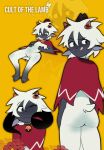 2_horns ambiguous_anthro ambiguous_gender anthro bell bell_collar biped blep bottomless bovid butt caprine clothed clothing collar cult_of_the_lamb english_text featureless_crotch flower fur hi_res hooves horn kittem4 lamb_(cult_of_the_lamb) looking_at_viewer looking_back looking_back_at_viewer mammal massive_monster_(studio) navel plant scut_tail sheep short_tail simple_background solo tail text tongue tongue_out white_body white_fur white_wool wool_(fur) yellow_background