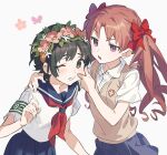  2girls black_hair blue_sailor_collar blue_skirt bow brown_eyes brown_hair brown_sweater_vest cheek_pinching collared_shirt commentary_request flower grey_skirt hair_bow hair_flower hair_ornament head_wreath highres labixiaohua long_hair multiple_girls neckerchief pinching pleated_skirt red_bow red_neckerchief sailor_collar sakugawa_school_uniform school_emblem school_uniform serafuku shirai_kuroko shirt short_hair short_sleeves simple_background skirt summer_uniform sweater_vest toaru_kagaku_no_railgun toaru_majutsu_no_index tokiwadai_school_uniform twintails uiharu_kazari v-neck white_shirt 