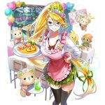  1girl apron baby_animal bear bird black_thighhighs blonde_hair breasts chalkboard chick food frilled_apron frills glasses goblin green_skirt holding holding_plate large_breasts long_hair maid_headdress masyu_yuyu omelet omurice pink_apron piyokichi_(uchihime) plaid_clothes plaid_skirt plate ponytail shirt skirt thighhighs torte_zief uchi_no_hime-sama_ga_ichiban_kawaii white_shirt yellow_eyes 