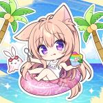  1girl :p animal_ear_fluff animal_ears bare_arms bare_legs bare_shoulders barefoot blue_sky blush brown_hair chibi closed_mouth cloud commentary_request cup day disposable_cup food fox_ears fox_girl fox_tail hair_between_eyes holding holding_cup holding_spoon horizon innertube long_hair looking_at_viewer mito_mashiro ocean one-piece_swimsuit outline palm_tree plastic_spoon purple_eyes ryuuka_sane shaved_ice sky smile soles solo spoon swim_ring swimsuit tail tayutama tongue tongue_out transparent tree very_long_hair water white_one-piece_swimsuit white_outline 