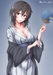  1girl akitsu_maru_(kancolle) alternate_costume anti_(untea9) black_eyes black_hair blush breasts gradient_background grey_background hand_fan haori highres japanese_clothes kantai_collection kimono large_breasts long_hair long_sleeves looking_at_viewer obi paper_fan sash short_hair smile solo striped_clothes striped_kimono twitter_username white_kimono 