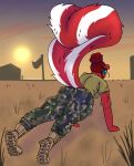 alby_(lovehatealien) anthro army army_uniform bodily_fluids butt desert exercise female hi_res karacuzzy mammal mephitid military outside push-up rear_view skunk solo sweat