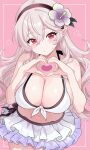  1girl bikini bikini_skirt black_hairband blush breasts cleavage female_corrin_(fire_emblem) female_corrin_(novice_vacationer)_(fire_emblem) fire_emblem fire_emblem_fates fire_emblem_heroes flower grey_hair hair_between_eyes hair_flower hair_ornament hairband heart heart_hands highres large_breasts long_hair looking_at_viewer n_54 navel official_alternate_costume pointy_ears red_eyes sideboob skindentation solo stomach sweat sweatdrop swimsuit thighs white_bikini white_hair 