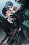  2boys absurdres black_hair black_suit blue_eyes blue_hair butler ciel_phantomhive closed_mouth crossdressing dress earrings eyepatch gloves hair_between_eyes highres jewelry kuroshitsuji long_sleeves male_focus multiple_boys sebastian_michaelis shirt short_hair suit uneasywolf victorian 