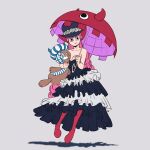  1girl absurdres bare_shoulders blunt_bangs boots commentary dress drill_hair frilled_dress frills full_body futz_11 hat highres holding holding_umbrella kumacy long_dress long_hair lower_eyelashes_only mask mouth_mask one_piece perona shadow simple_background solo stuffed_toy umbrella 