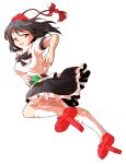 1girl alphes_(style) belt black_belt black_bow black_bowtie black_hair black_skirt bow bowtie breasts commentary_request dairi frilled_skirt frills geta hat kneehighs looking_at_viewer medium_hair multiple_expressions one_eye_closed parody puffy_short_sleeves puffy_sleeves red_eyes red_hat red_shoes shameimaru_aya shirt shoes short_sleeves skirt small_breasts socks standing style_parody tachi-e tassel tengu-geta tokin_hat touhou transparent_background white_shirt white_socks 