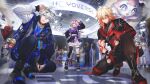  3boys 3girls :d absurdres aglaea_(honkai:_star_rail) anaxa_(honkai:_star_rail) ankle_boots antenna_hair arm_tattoo asymmetrical_footwear bag black_boots black_choker black_gloves black_pants black_skirt blonde_hair blue_eyes blue_shirt boots braid charm_(object) choker cioccolatodorima cipher_(honkai:_star_rail) commentary company_name cyrene_(honkai:_star_rail) dan_heng_(honkai:_star_rail) dan_heng_(hunt)_(honkai:_star_rail) diluc_(genshin_impact) diluc_(red_dead_of_night)_(genshin_impact) dress english_commentary eyewear_on_head facial_tattoo fingerless_gloves genshin_impact gloves gradient_hair guest_art hair_between_eyes highres honkai:_star_rail honkai_(series) hyacine_(honkai:_star_rail) jacket jewelry march_7th_(honkai:_star_rail) medium_hair mem_(honkai:_star_rail) mihoyo multicolored_hair multicolored_jacket multiple_boys multiple_girls mydei_(honkai:_star_rail) necklace one_eye_closed pants parted_bangs phainon_(honkai:_star_rail) pink_hair pom-pom_(honkai:_star_rail) red_hair red_jacket red_tattoo shirt short_hair shoulder_bag side_braid single_glove skirt smile squatting streaked_hair sunglasses tattoo thigh_strap tribbie_(honkai:_star_rail) two-tone_jacket v white_dress white_hair white_jacket yellow_eyes 