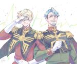  2boys beard blonde_hair blue_eyes challia_bull char_aznable commentary_request epaulettes facial_hair gloves green_eyes green_hair gundam gundam_gquuuuuux hair_over_one_eye high_collar jacket locked_arms long_sleeves looking_at_another male_focus military_jacket military_uniform multiple_boys mustache open_mouth red_jacket short_hair smile upper_body white_background yebisu07 