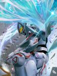  1boy absurdres armor bodysuit cape commentary desire_driver fox_mask geats_buster_qb9 glowing helmet highres holding kamen_rider kamen_rider_geats kamen_rider_geats_(series) kamen_rider_geats_ix light_particles male_focus mask md5_mismatch omochi_mochi_(mcmc_akari) revision rider_belt solo tokusatsu weapon yellow_eyes 