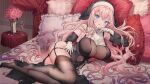  1girl :d bed_sheet black_dress black_thighhighs black_veil blue_eyes blush breasts commentary commission curtains detached_sleeves dress flower garter_straps gloves indoors large_breasts long_hair long_sleeves looking_at_viewer lying on_bed on_side open_mouth original petals pillow pink_flower pink_hair skeb_commission smile solo thighhighs thighs veil white_gloves yutsumoe 