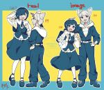  2girls :d alternate_height backpack bag blue_eyes blue_hair blue_jumpsuit blue_shoes blue_skirt closed_eyes collared_shirt commentary_request cone_hair_bun double_bun expectation_vs._reality frilled_shirt frilled_sleeves frills fukurai_azami full_body ha_ru_ta_38 hair_bun hand_on_another&#039;s_head hand_on_own_hip height height_difference jasmine_(toshi_densetsu_kaitai_center) jumpsuit limited_palette long_sleeves looking_at_another multiple_girls open_mouth pantyhose shirt shoes short_hair skirt smile standing toshi_densetsu_kaitai_center white_pantyhose white_shirt 